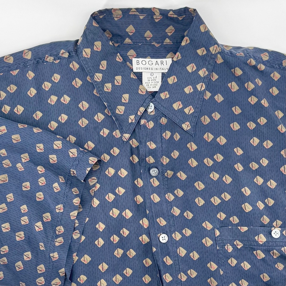 Bogari Vintage Mens L Silk Button Down Shirt Short Sleeve Blue Geometric Diamond